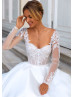 Long Sleeves Beaded White Lace Satin Fashionable Wedding Dress